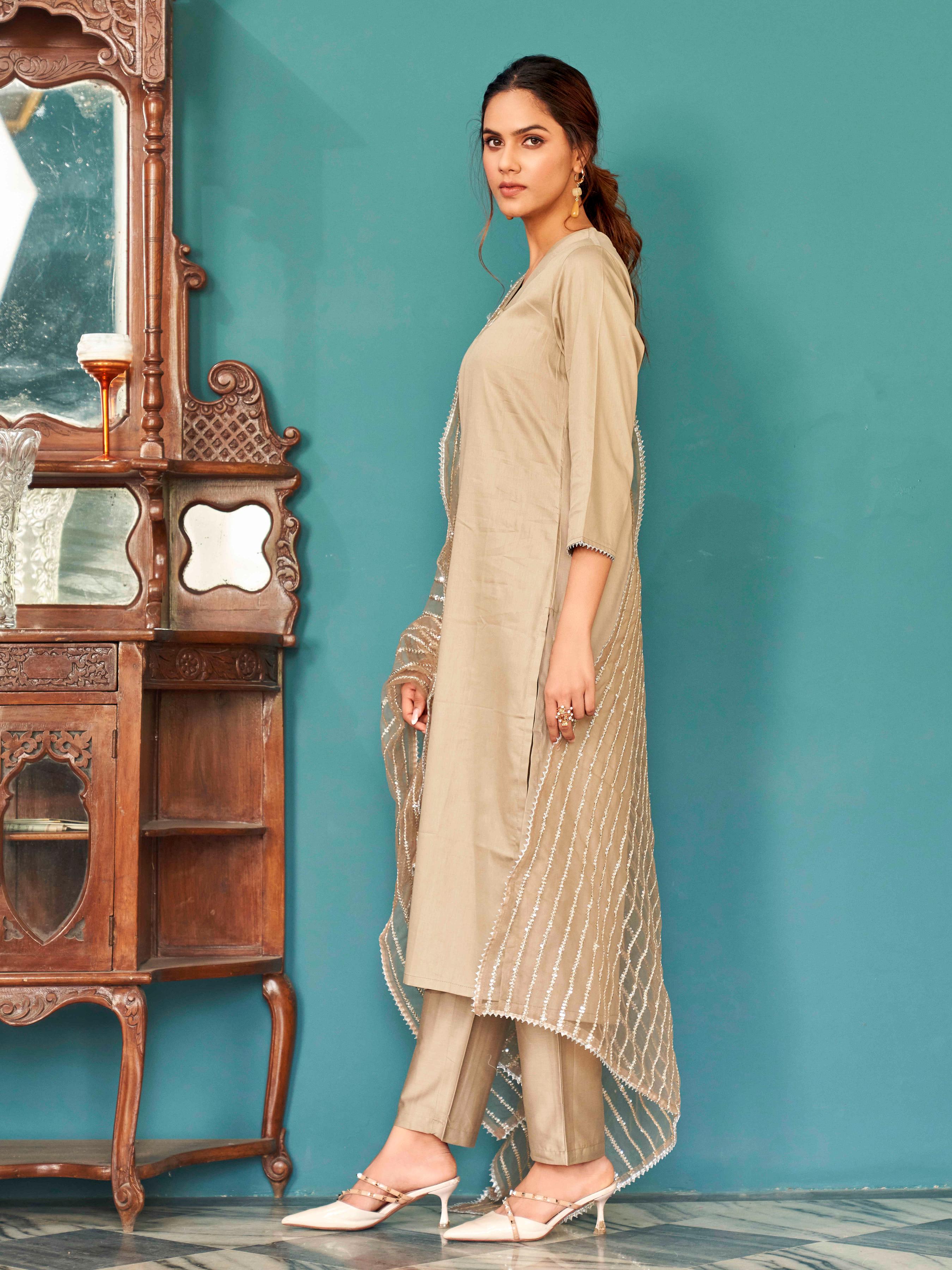 V-Neck Pure Cotton Straight Kurta & Trousers With Dupatta