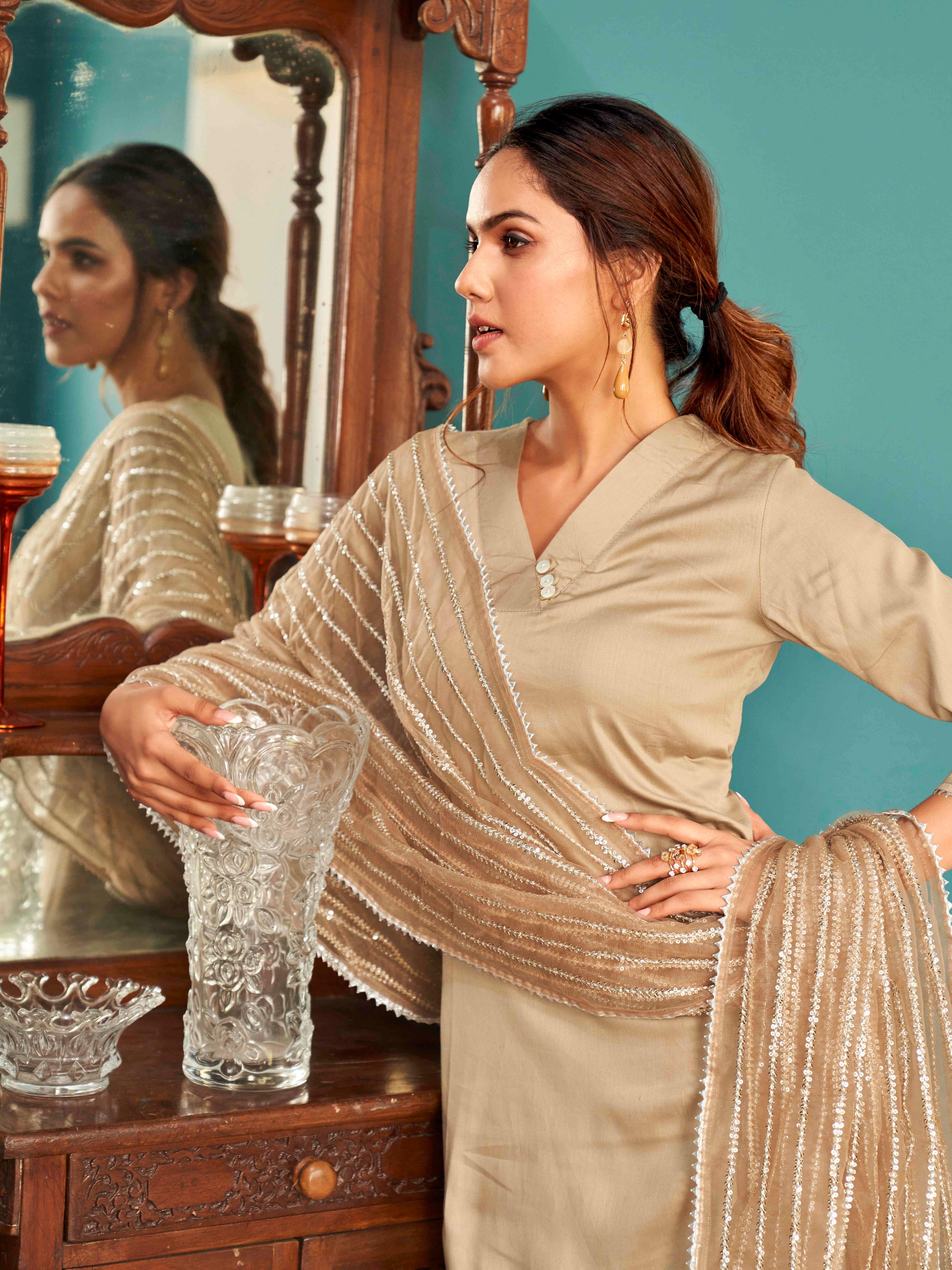 V-Neck Pure Cotton Straight Kurta & Trousers With Dupatta