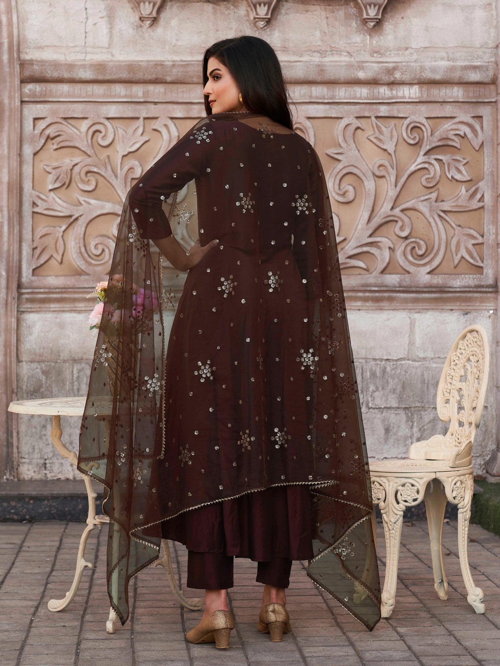 COCO COLOR CHINON SOLID FLARED KURTA SET WITH SEQUENCED DUPATTA