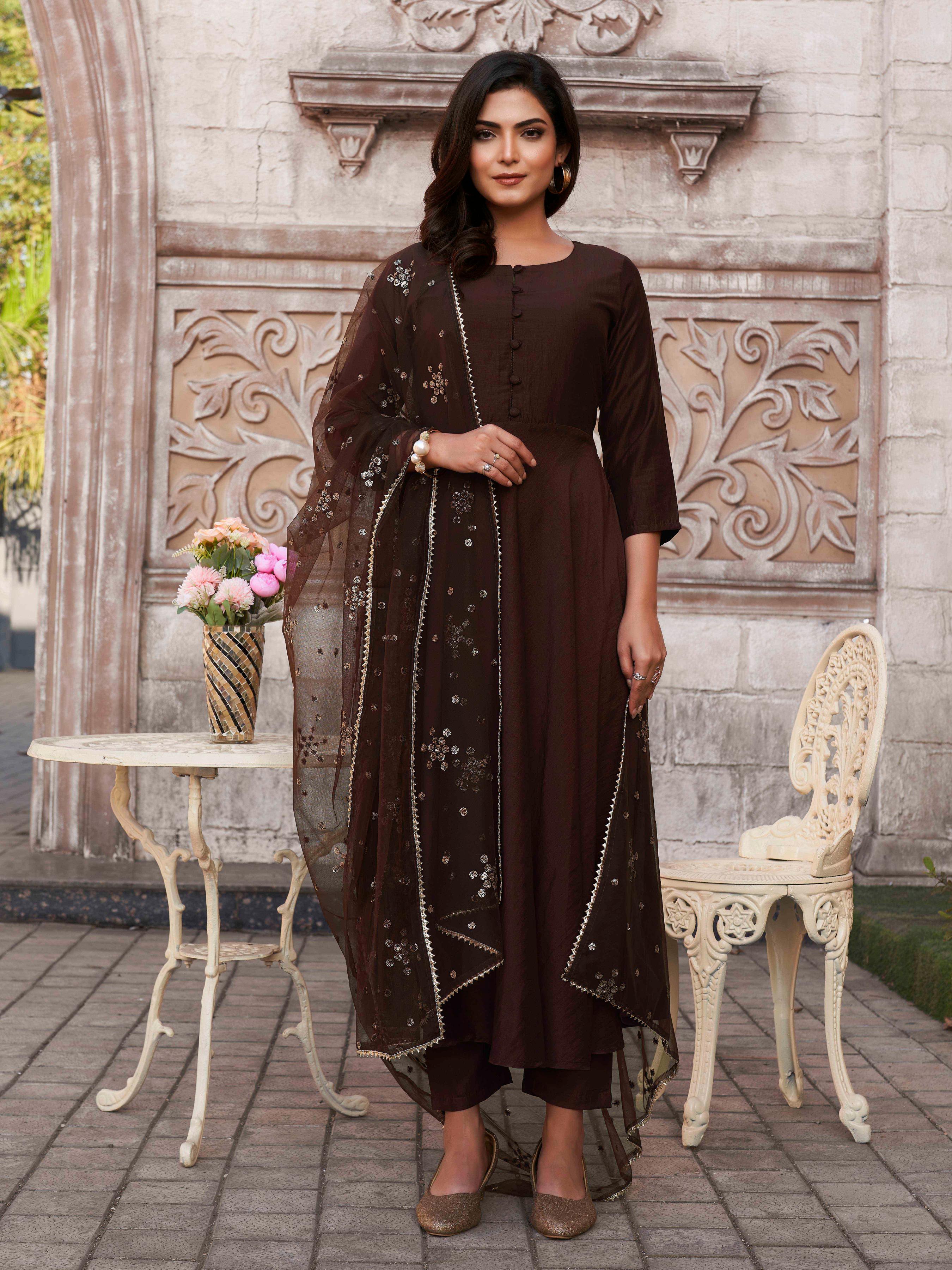 COCO COLOR CHINON SOLID FLARED KURTA SET WITH SEQUENCED DUPATTA
