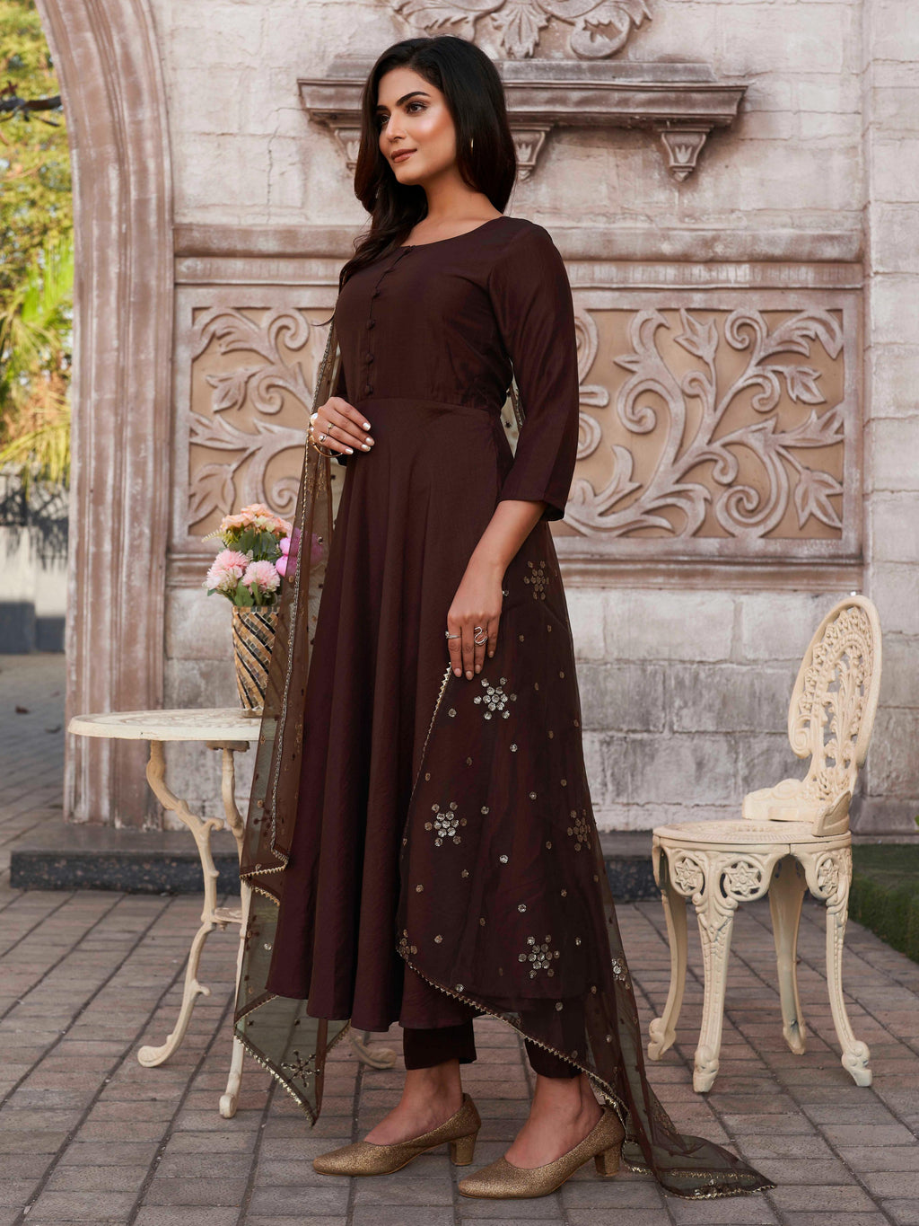 COCO COLOR CHINON SOLID FLARED KURTA SET WITH SEQUENCED DUPATTA
