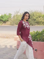 Maroon color silk blend with white thread embroidered top and plazzo co-ords set