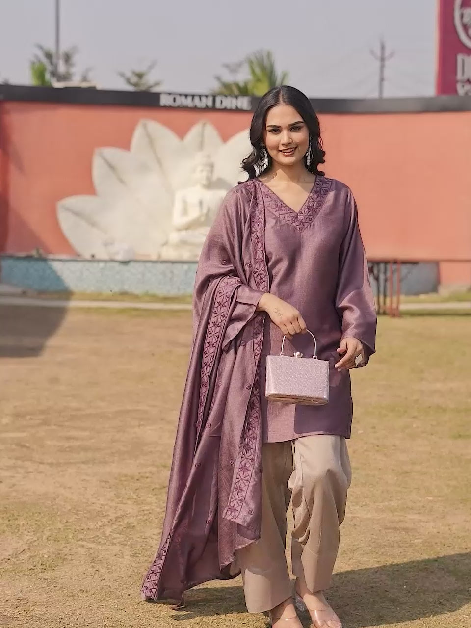 Mauve color silk blend thread with sequence embroidered kurta & farshi bottom with dupatta set