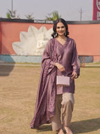 Mauve color silk blend thread with sequence embroidered kurta & farshi bottom with dupatta set