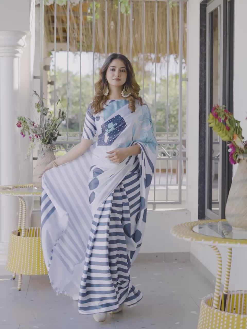 Blue colored digital printed satin saree