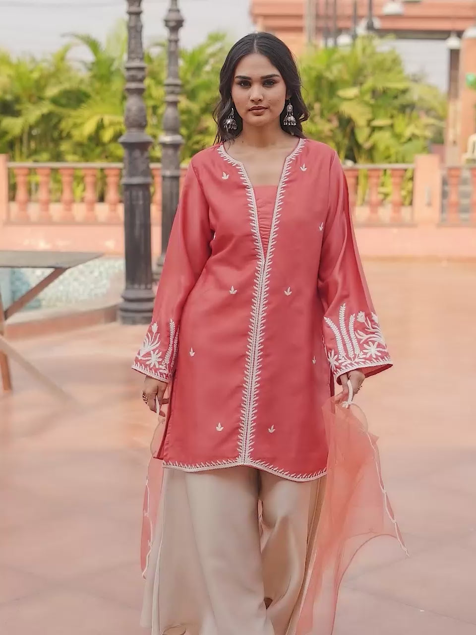 Peach color satin with thread work embroidered kurta & A-line plazzo with dupatta set