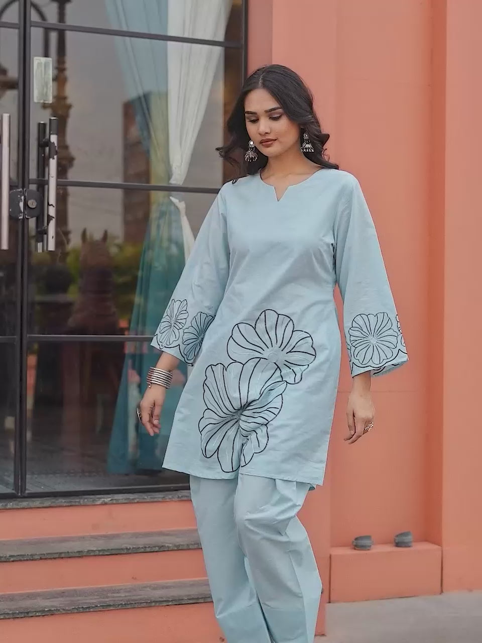 Blue color pure cotton with thread work embroidered A-line kurta & farsi pant with dupatta set