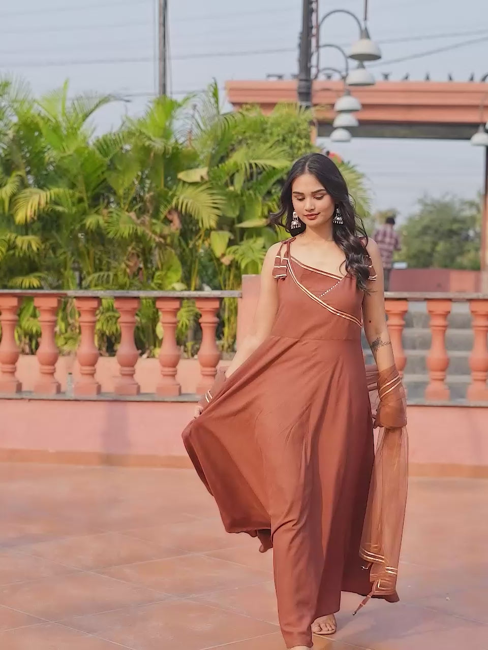 Brown color rayon with gotta patti lace work kurta & trouser with dupatta set