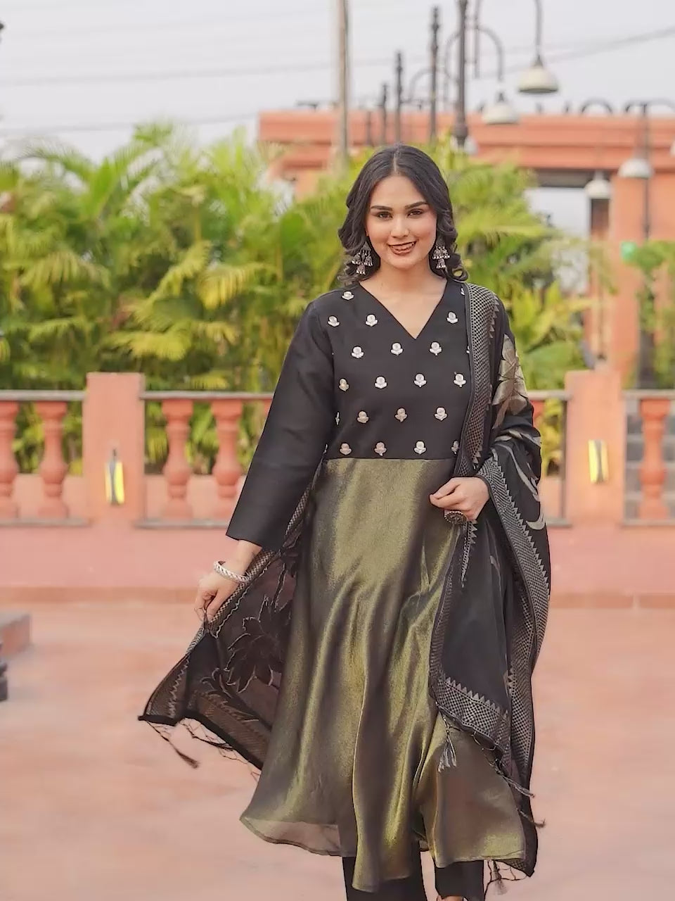 Black color silk blend & simmer with zari embroidery A line style kurta & trouser with dupatta set