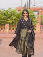 Black color silk blend & simmer with zari embroidery A line style kurta & trouser with dupatta set