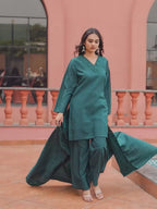 Green color Crepe thread with sequence embroidered kurta & farsi bottom with dupatta set