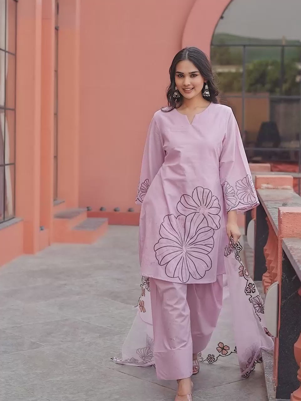 Pink color pure cotton with thread work embroidered A-line kurta & farsi pant with dupatta set