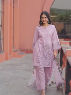 Pink color pure cotton with thread work embroidered A-line kurta & farsi pant with dupatta set
