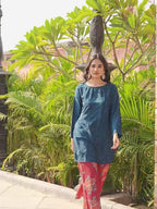 Teal color silk blend with embroidered tunic and printed plazzo co-ords set
