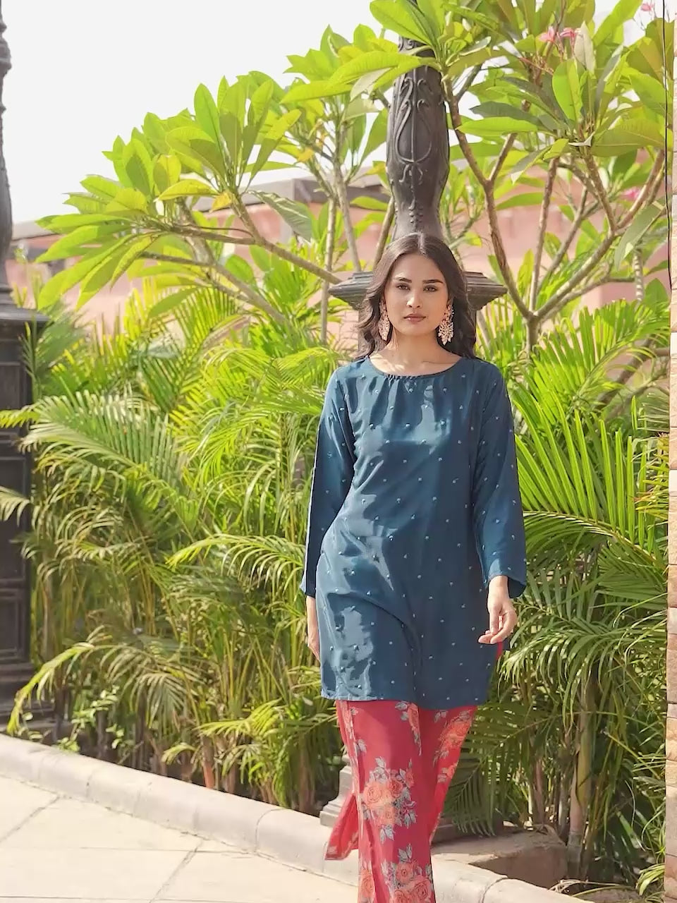Teal color silk blend with embroidered tunic and printed plazzo co-ords set