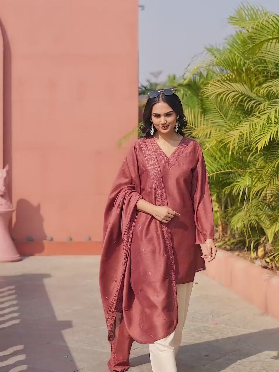 Rust color silk blend thread with sequence embroidered kurta & farshi bottom with dupatta set