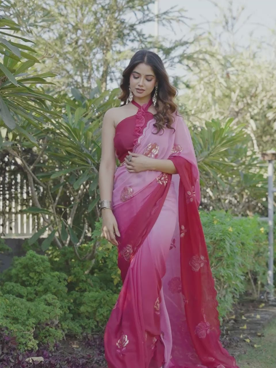 Ombre saree with sequin embroidery butta and scalloped border