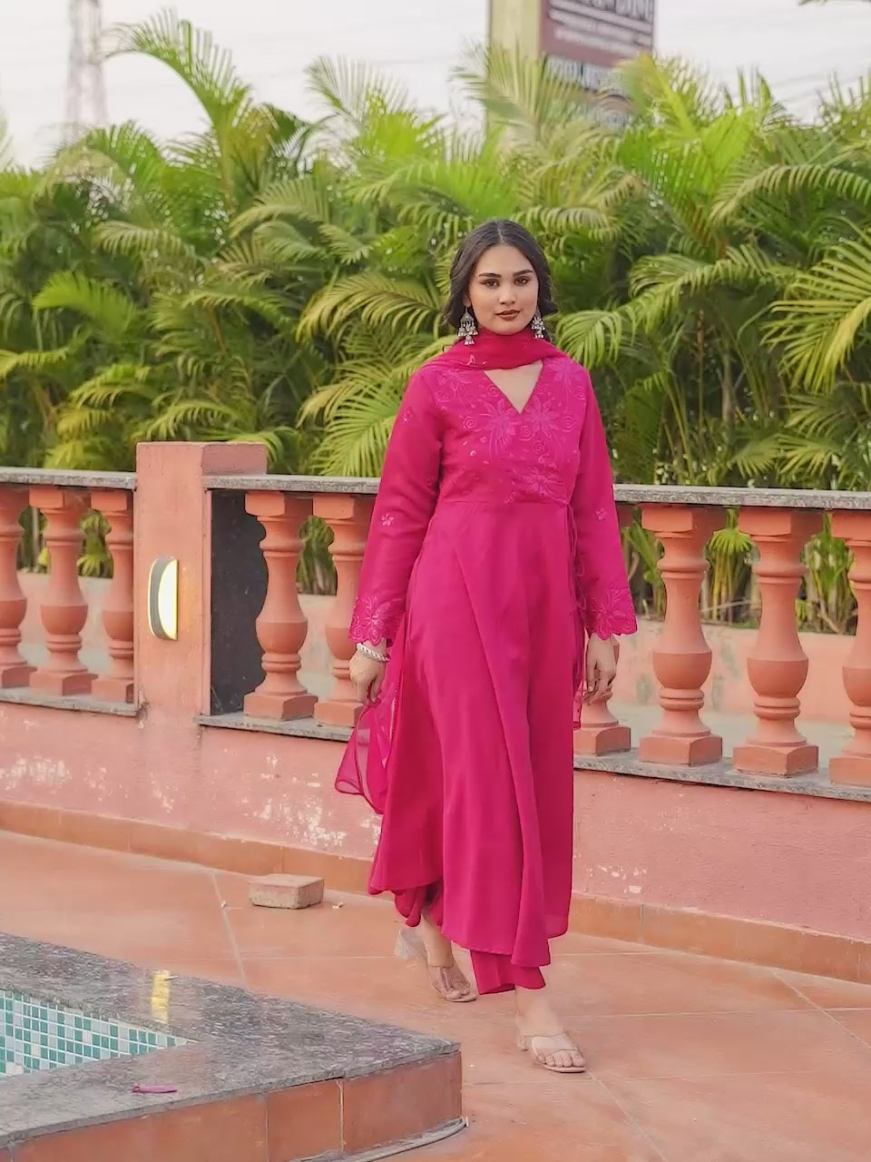 Pink color silk blend thread with sequinned angrakha style kurta & trouser with dupatta set