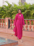 Pink color silk blend thread with sequinned angrakha style kurta & trouser with dupatta set