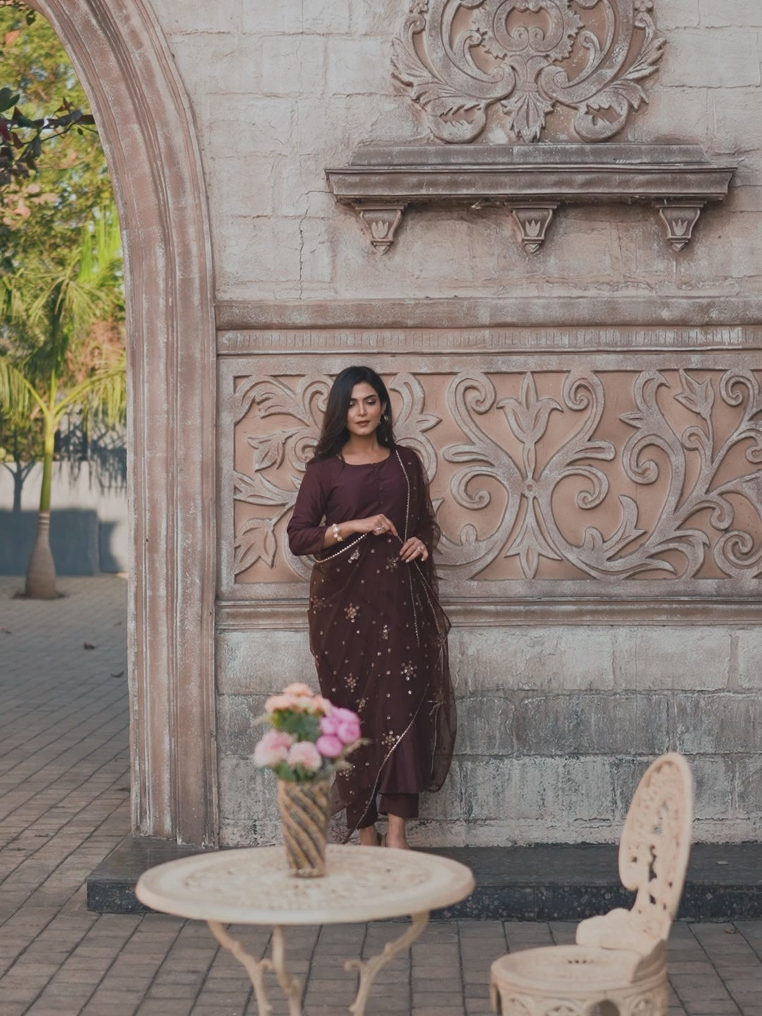 COCO COLOR CHINON SOLID FLARED KURTA SET WITH SEQUENCED DUPATTA