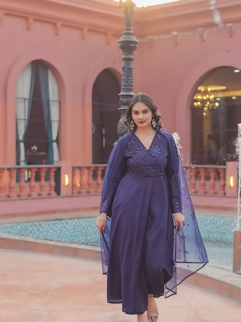Navy blue color silk blend thread with sequinned angrakha style kurta & trouser with dupatta set