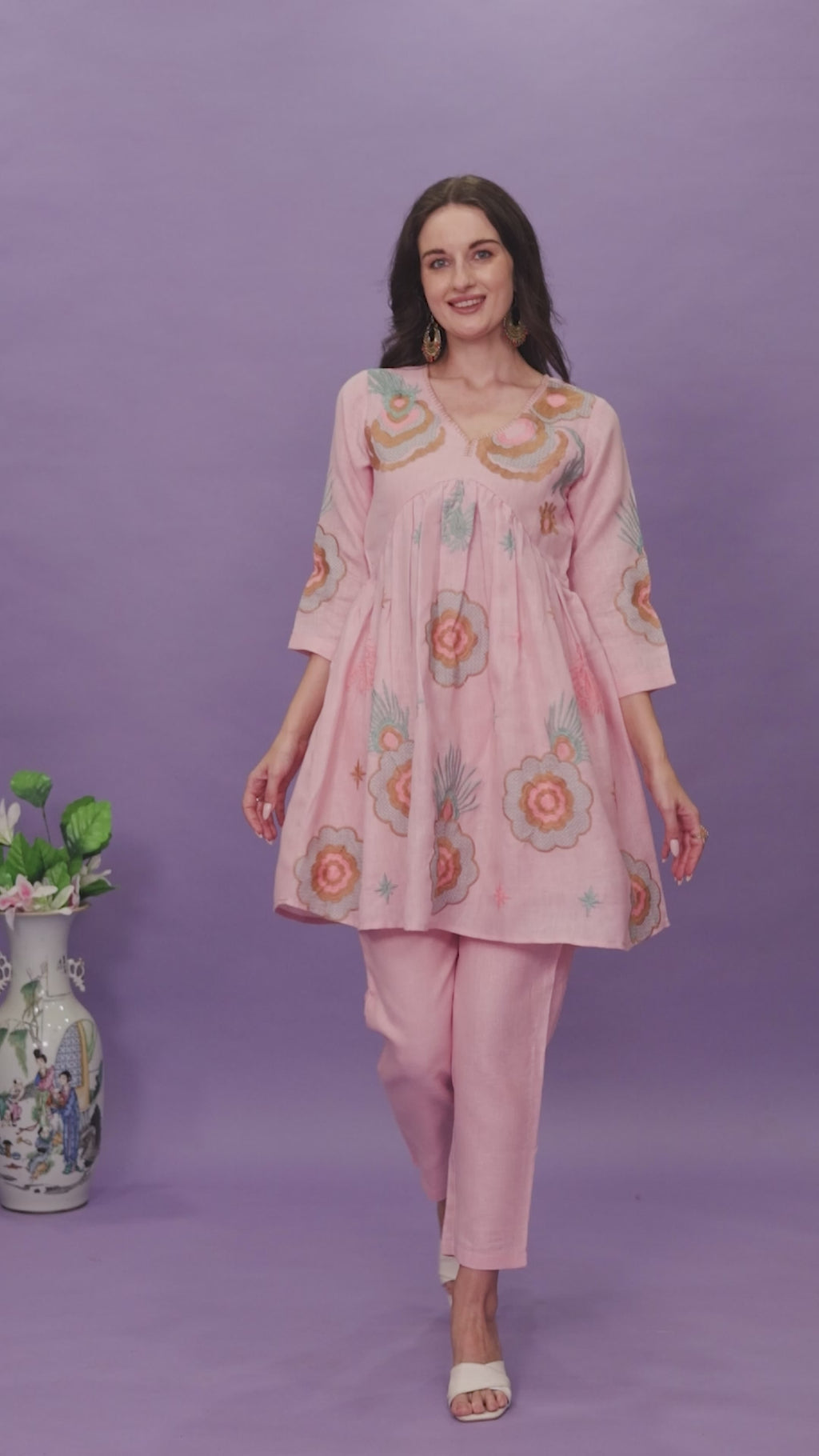 Baby Pink color linen with contrast color embroidered Flared tunic and trouser Co-ord set