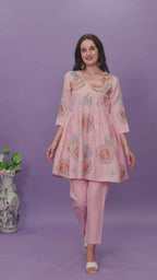 Baby Pink color linen with contrast color embroidered Flared tunic and trouser Co-ord set