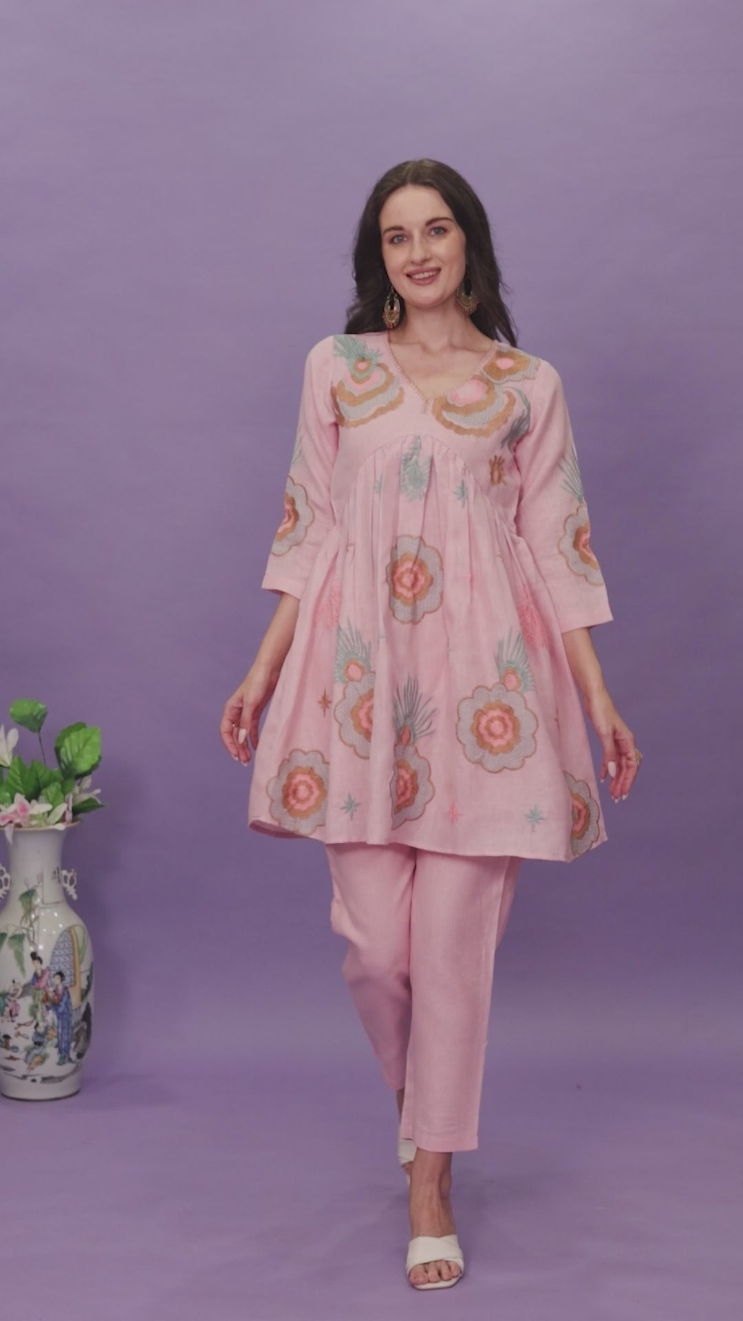 Baby Pink color linen with contrast color embroidered Flared tunic and trouser Co-ord set