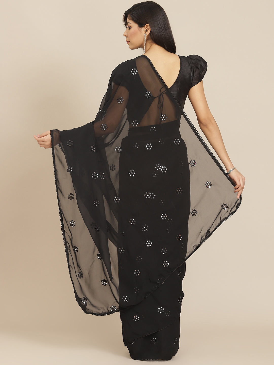 Black Georgette Embroidered Mirror-Work Saree with Unstitched Blouse