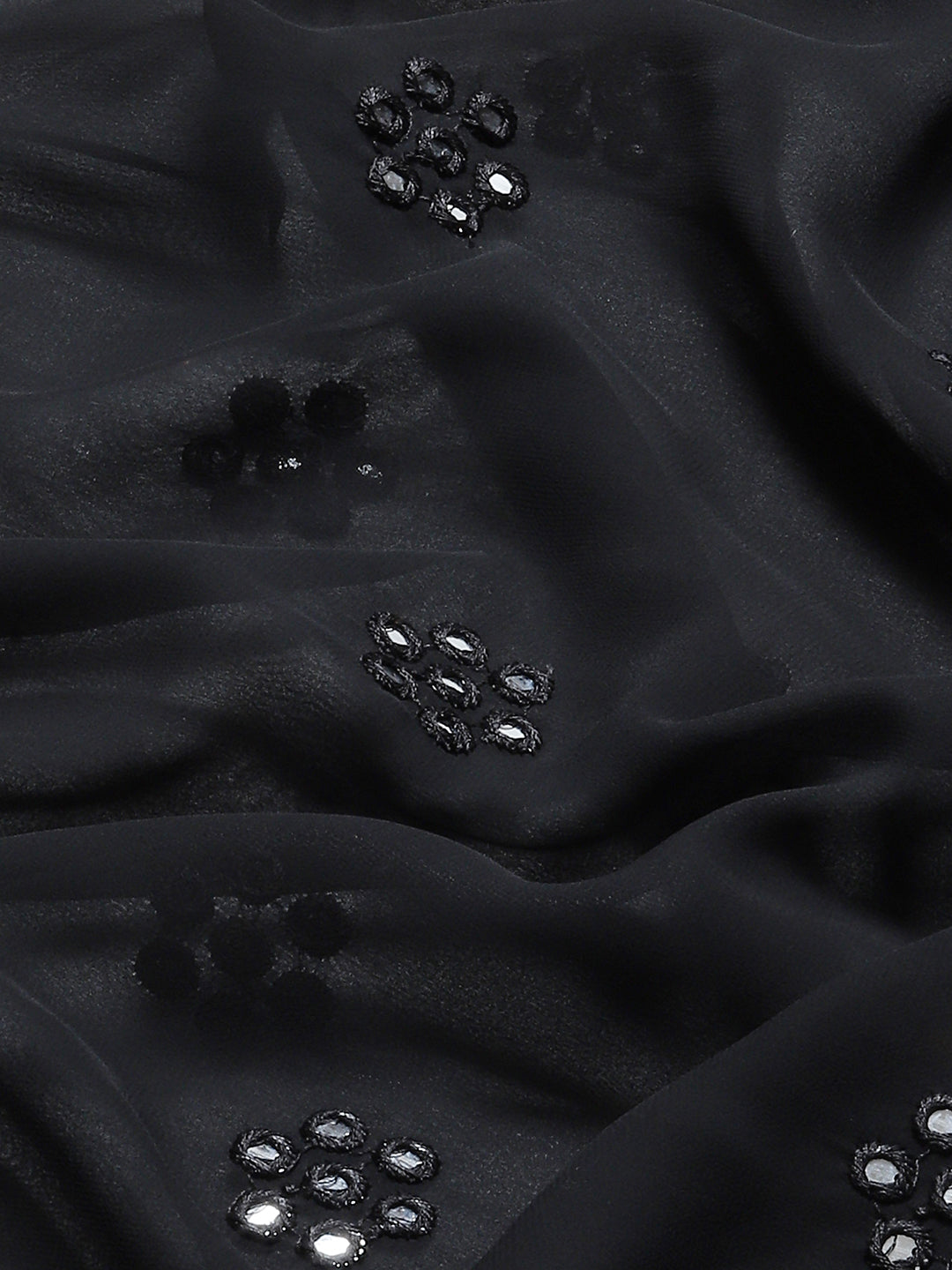 Black Georgette Embroidered Mirror-Work Saree with Unstitched Blouse