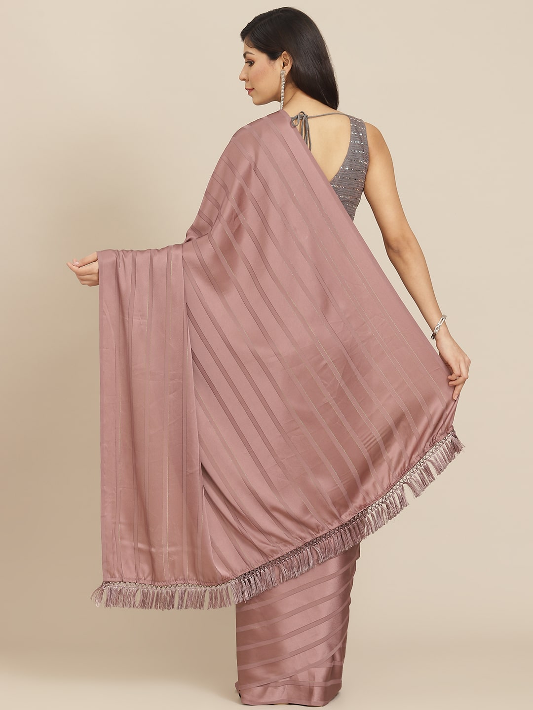 Striped Bollywood Polyester Saree  (Pink)