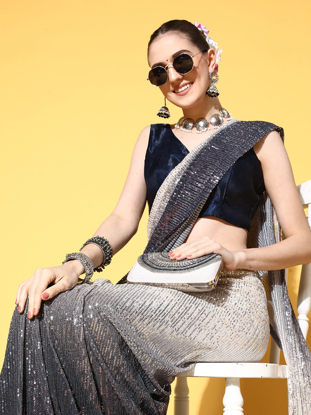 Shop Crepe Satin Ready To Wear Saree in Elegant Designs